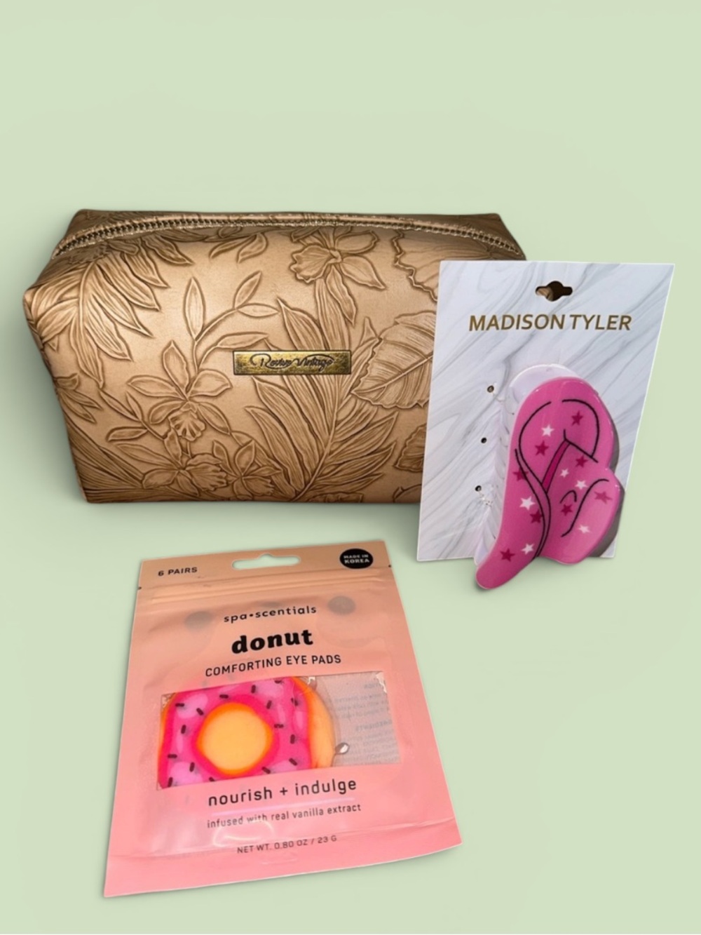 Revive Vintage Floral Embossed Cosmetic Bag - Champagne Gold bundle